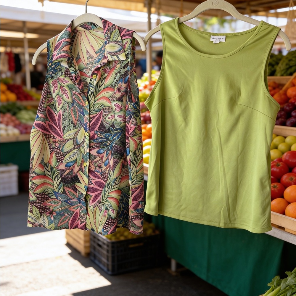 2 Piece Sleeveless Lime Green Tank & Tropical Leaf Print  Set, Resort, Cruise